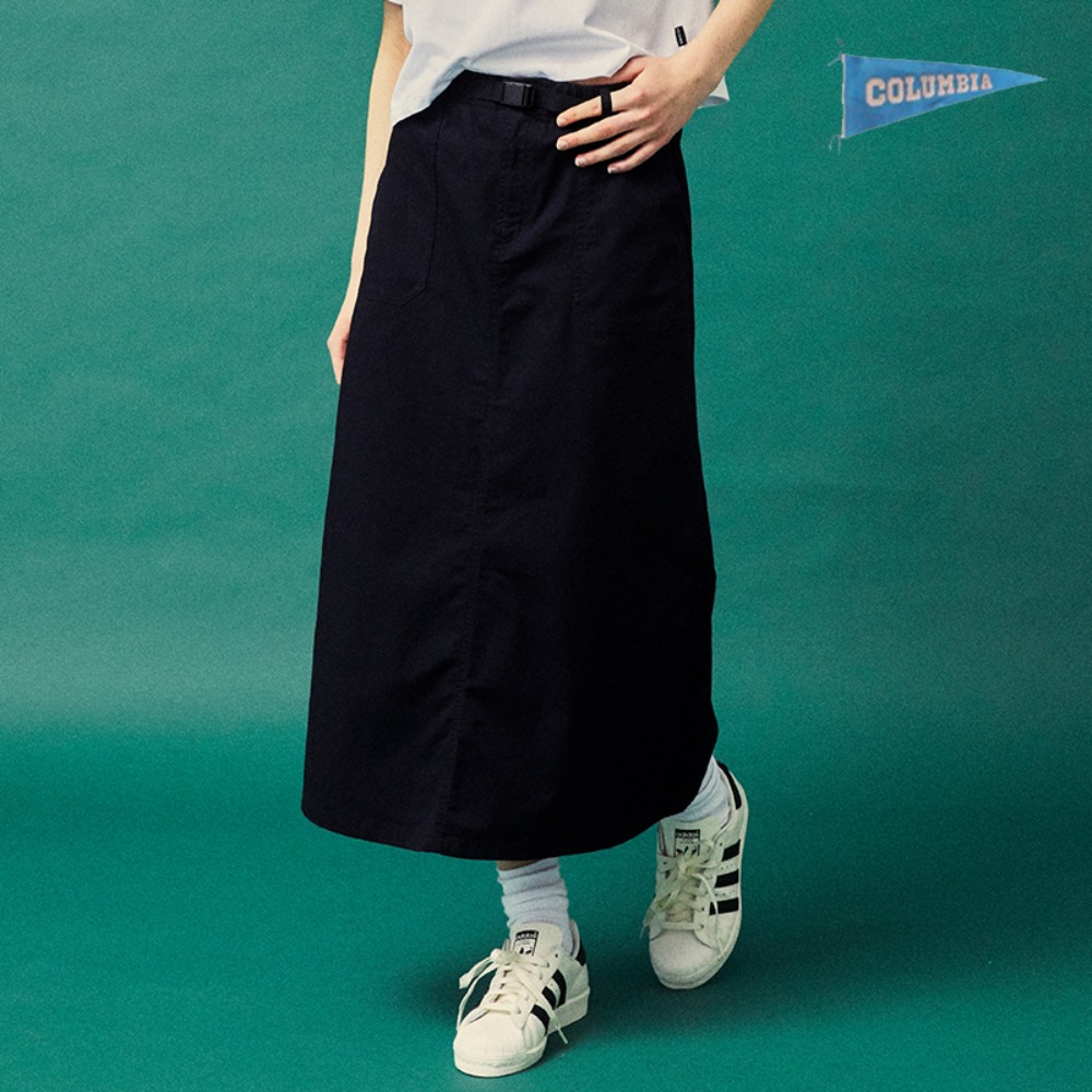 MIL-LABEL BELTED COTTON LONG SKIRT 크라운네이비